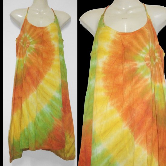 Tie dyeYellow Orange CHIC HALTER short dress or top Hippie Gypsy Boho Summer COCKTAIL Dress S M L