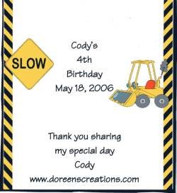 Personalized Construction Birthday Hershey 1.55 oz Candy Wrappers Free Shipping