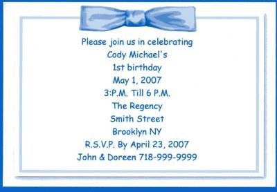 Birthday Blue Bow Invitation Personalized Free Shipping