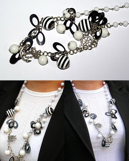 Black & White Bead Necklace Navy Theme BN_001