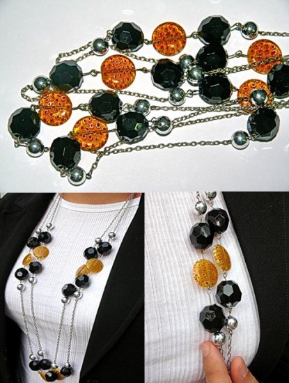 Black Crystal and Orange Pattern Acrylic Beads Necklace BN_010