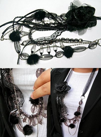 Black & Crystal Bead Necklace With Flower BN_013