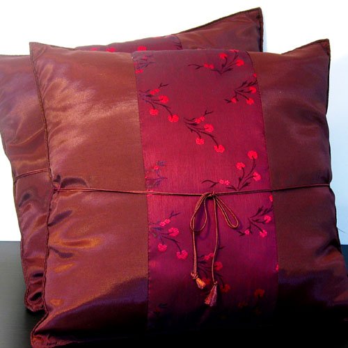 Pair Of Silk Decorative Pillow Case Cover Cushion Maroon Red Pattern