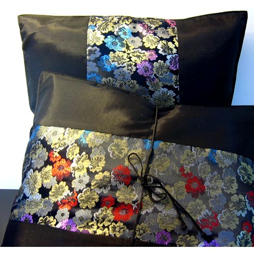 Pair Of Silk Decorative Pillow Case Cover Cushion Black With Floral Pattern