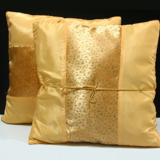 Pair of Silk Decorative Pillow Case Cover Cushion Golden With Floral Pattern
