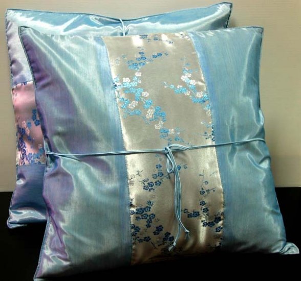 Pair of Silk Decorative Pillow Case Cover Cushion Cyan With Floral Pattern
