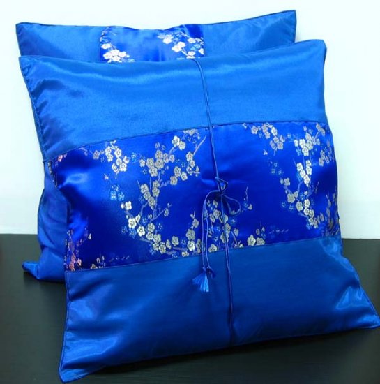 Pair of Silk Decorative Pillow Case Cover Cushion Blue With Floral Pattern