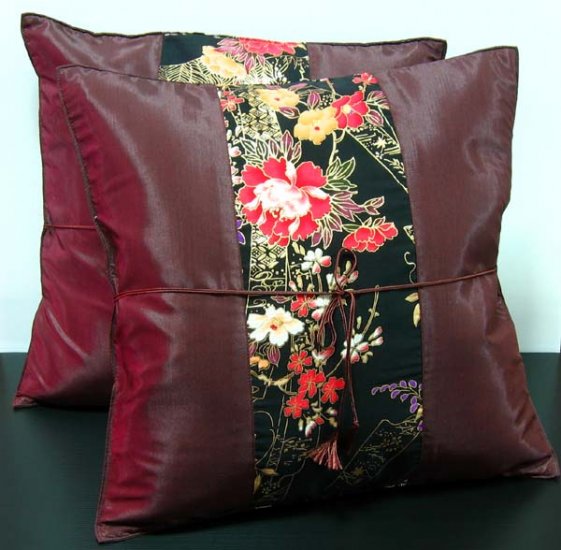 Pair Of Silk Decorative Pillow Case Cover Cushion Dark Red With Painting Floral Pattern