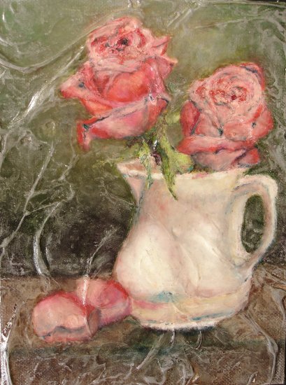 Pink Roses in Porcelain Pitcher
