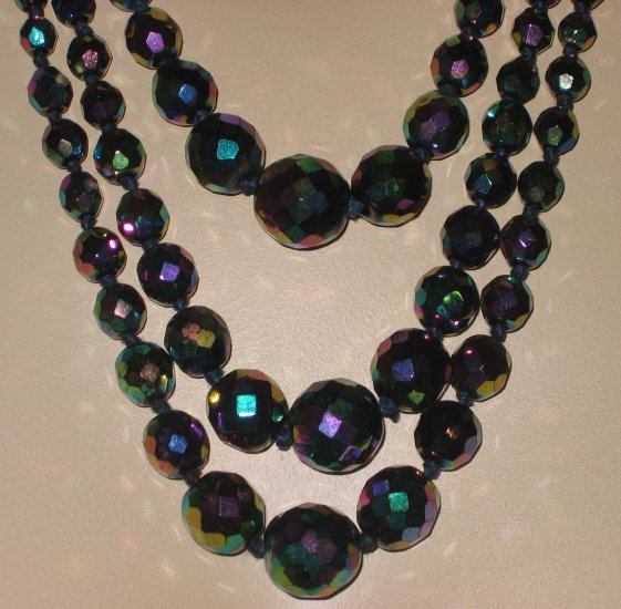 Vintage 1950's Three Strand Multi-Faceted Bead Necklace