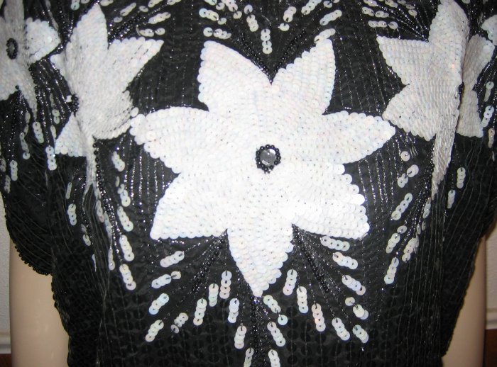 Vintage Black and White Sequined Blouse - Flower Design