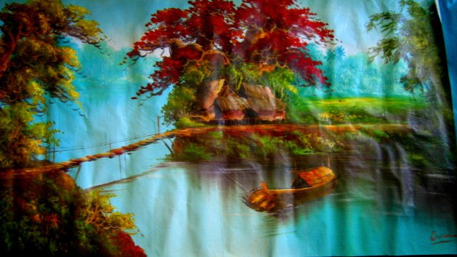 LAKE LANDSCAPE PAINTING FULL WALL SIZE poster room interior decor art nature boat red leaves