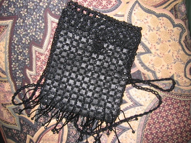 SOLD - BLACK BEADED PARTY EVENING PURSE FRINGES women's handbag bag beautiful FLIRTY SEXY