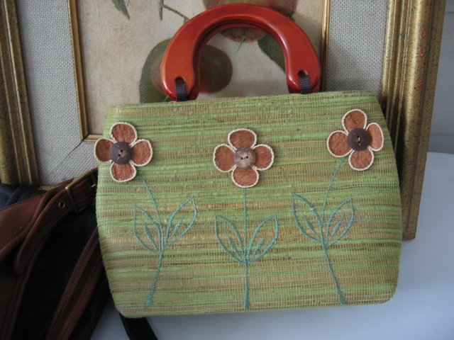 ETHNIC BALINESE STRAW BAG MINTY GREEN FLOWER DESIGN WOMEN'S BAG HANDBAG PURSE