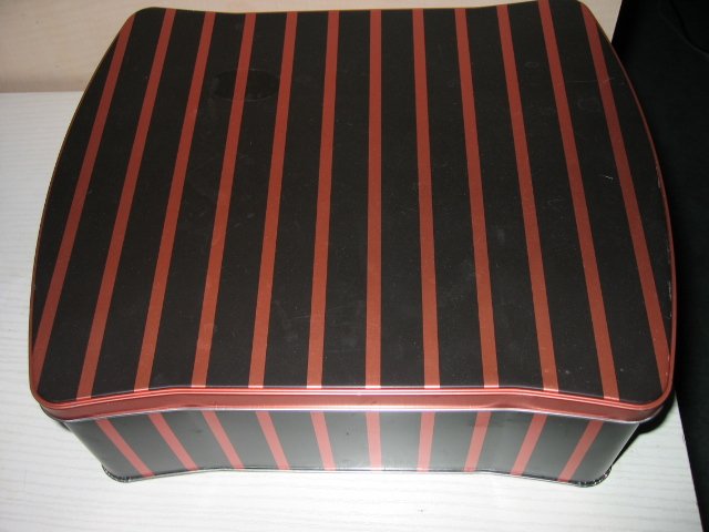 TIN CAN stripe STORAGE CONTAINER JEWELRY scrapbooking sewing knitting BLACK RED GIFT WRAP BOX