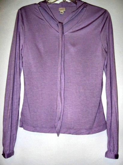SOLD - PURPLE MERONA sz M BOW TIE SCARF TOP SHIRT T-SHIRT WOMEN'S CLOTHES OFFICE FORMAL DRESSY