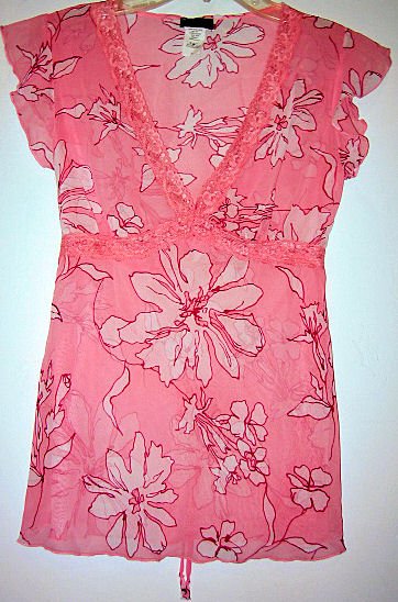 PINK FLORAL LACE SHEER TOP SZ M WOMEN'S CLOTHES SHIRT T-SHIRT SEXY