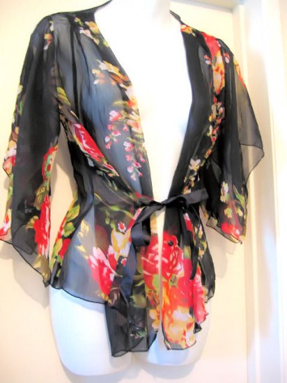sold SHEER BLACK FLORAL KIMONO TOP SHIRT T-SHIRT WOMEN'S CLOTHES sexy sex lingerie flirty