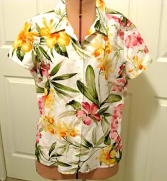 TOMMY BAHAMA LINEN vintage floral Print Shirt L orchid hawaii women's clothing top blouse t-shirt