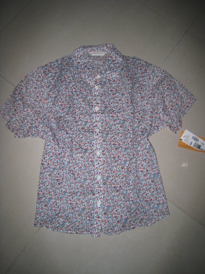 SALE floral short sleeve top linen button up shirt cotton women's clothes large country MELROSE
