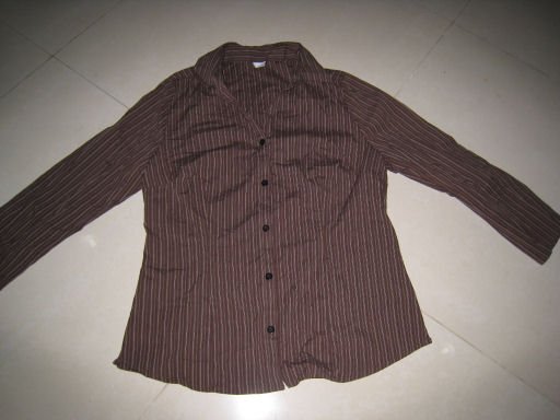 SALE brown pinstriped button up office dress shirt stretch women's clothes sz L