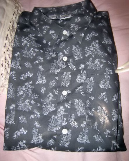 button up collar dress MEN'S GRAY SHIRT XL HAWAII HULA GIRL COCONUT TREE FLOWER NICE