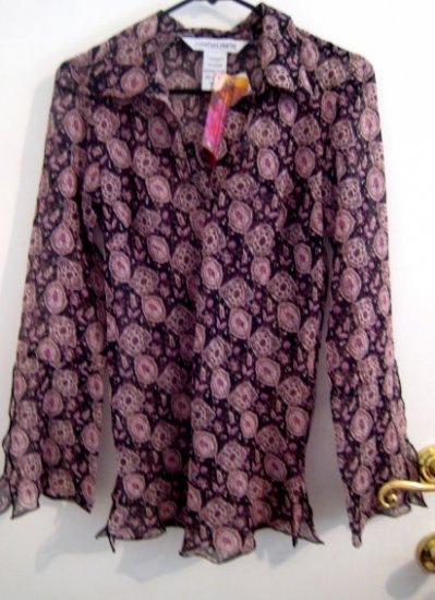 M WOMEN'S DRESS SHEER SHIRT BUTTON COLLAR FLOWER FLORAL VICTORIAN PRINT WOMEN'S CLOTHING