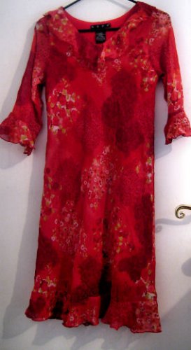 GIRL'S DRESS SZ 16 RED FLORAL FLOWER CLOTHES RUFFLED SLEEVE NECK