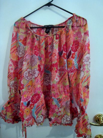 WOMEN'S SZ 18 LARGE TOP SHEER FLOWER FLORAL ORANGE COLORFUL RAINBOW CLOTHES CLOTHING