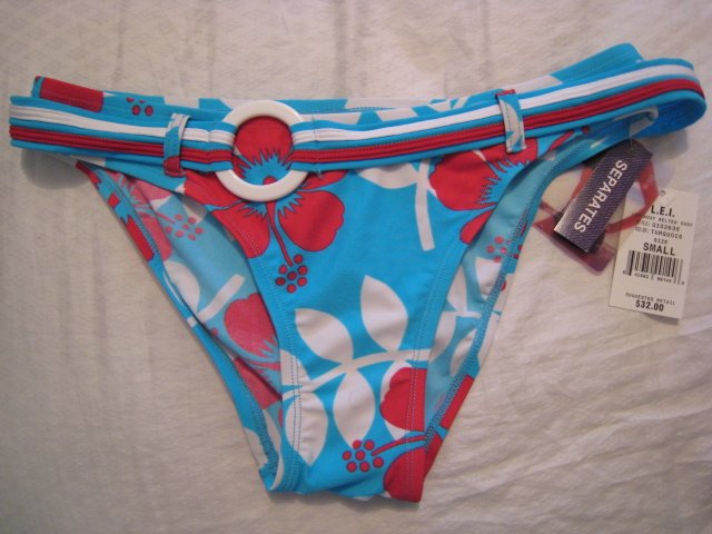 s BIKINI BOTTOM L.E.I. JUNIOR'S WOMEN'S CLOTHES SWIMSUIT UNDERWEAR red aqua white belt buckle