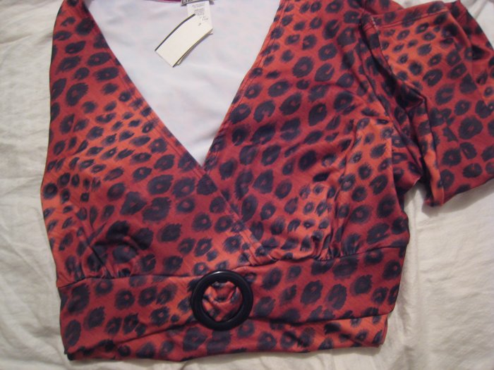RED LEOPARD cat PRINT STRETCH SHIRT DRESS V-NECK WOMEN'S CLOTHES CLOTHING L LARGE
