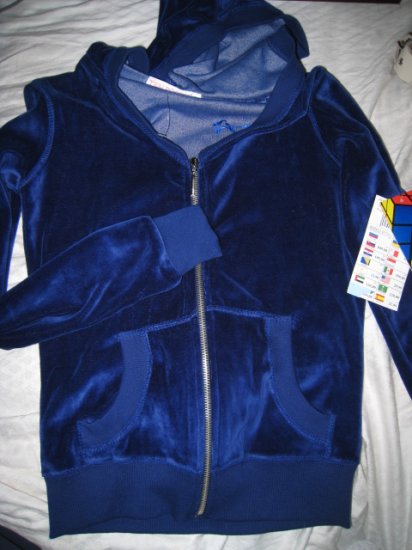 SMALL WOMEN'S SPORTS VELOUR VELVET BLUE ZIP PULLOVER HOODED HOODIE SWEATER SWEATSHIRT CLOTHING $30