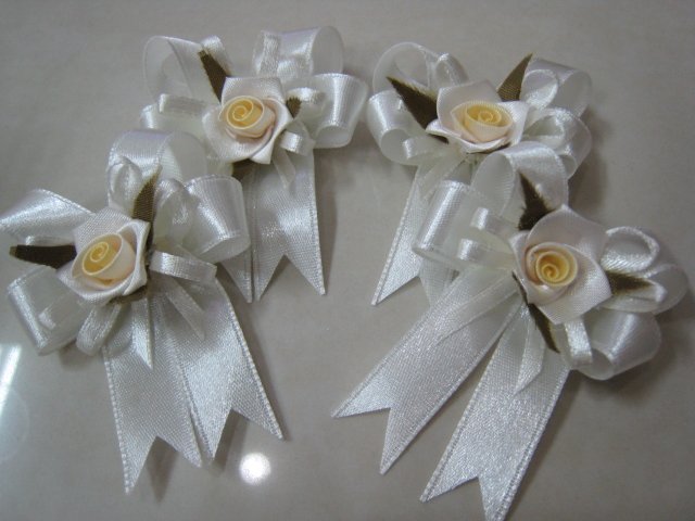 set of 4 RIBBONS BOWS GIFT ART CRAFT WHITE ROSE PIN BROOCH DECORATION wedding