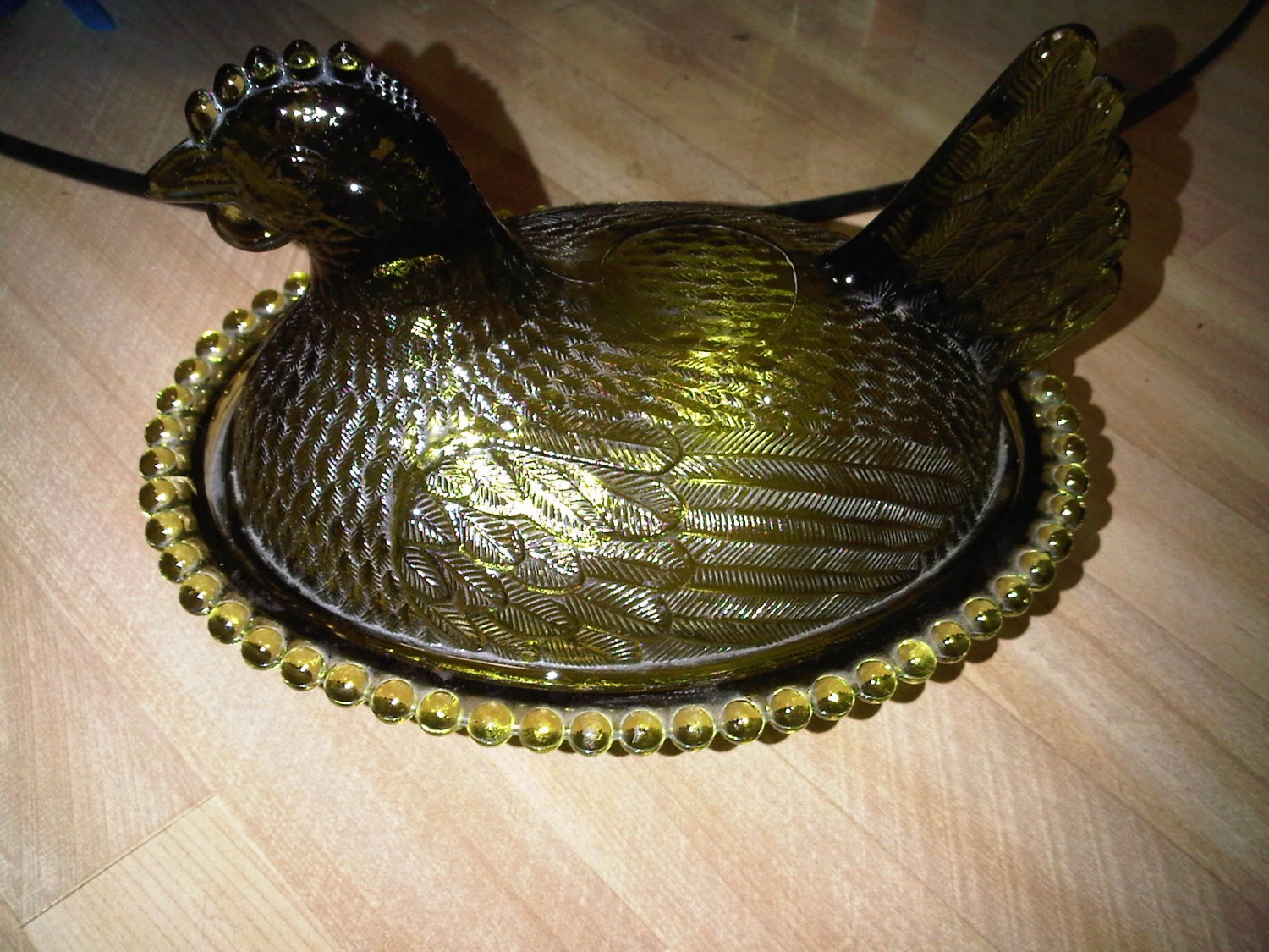 VINTAGE GREEN GLASS CHICKEN CANDY HOLDER 1950'S FAMILY HOME DECORATIVE COLLECTIBLE FIGURINE KITCHEN