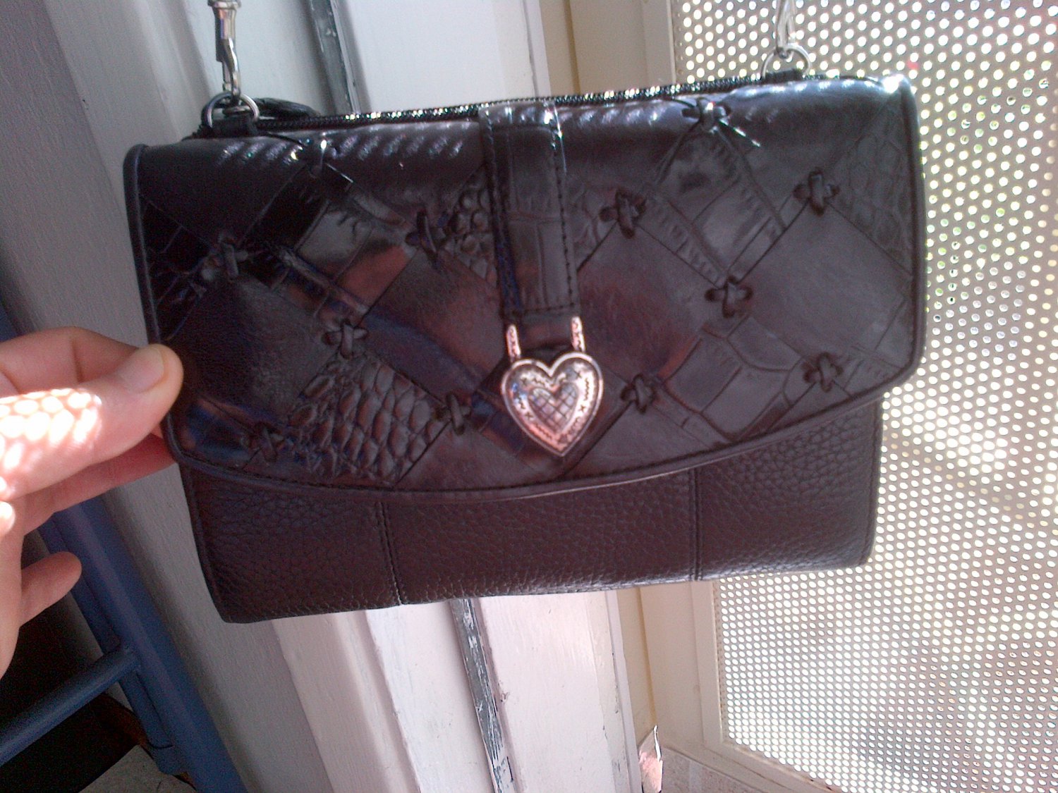 BRIGHTON BLACK LEATHER silver heart BAG HANDBAG PURSE WOMEN'S CLOTHES ACCESSORY