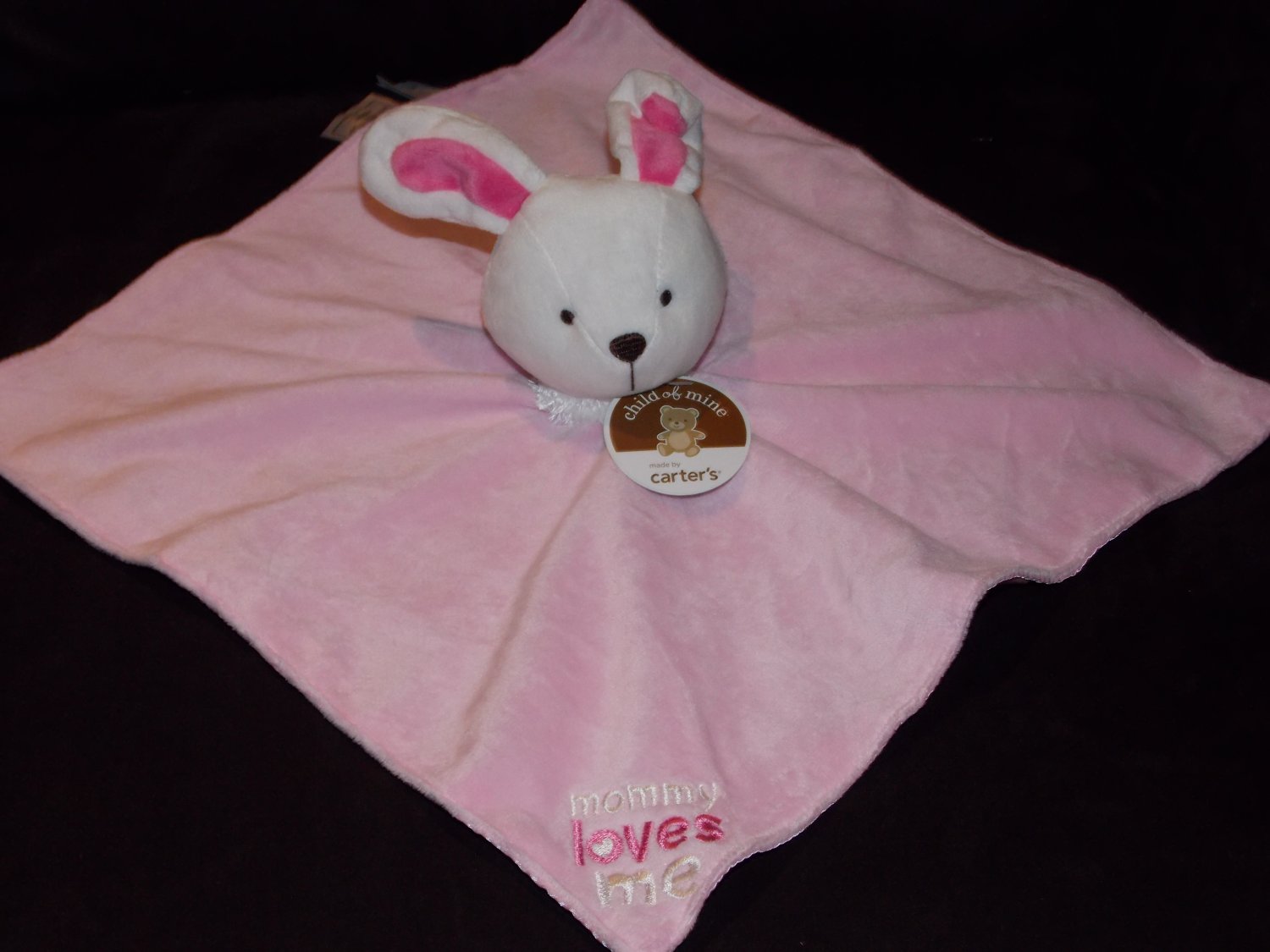 Carters Child of Mine Pink White Mommy Loves Me Bunny Rabbit Security Blanket Lovey Satin F24338H