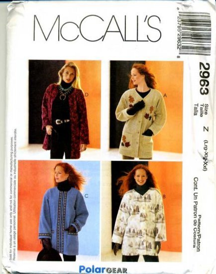 MCCALLS #2963 Uncut Sz Sm-Lg Oversized Jacket Sewing Pattern