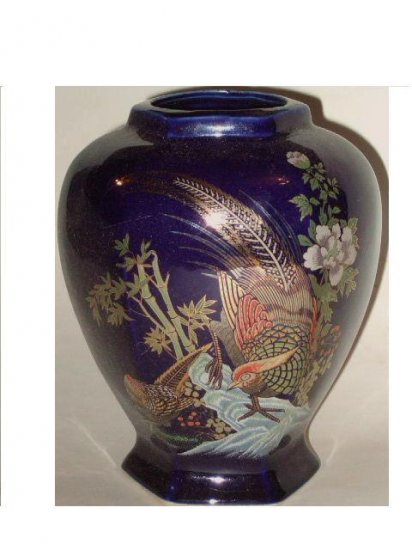 Blue Asian Vase Bamboo Shoots and Birds