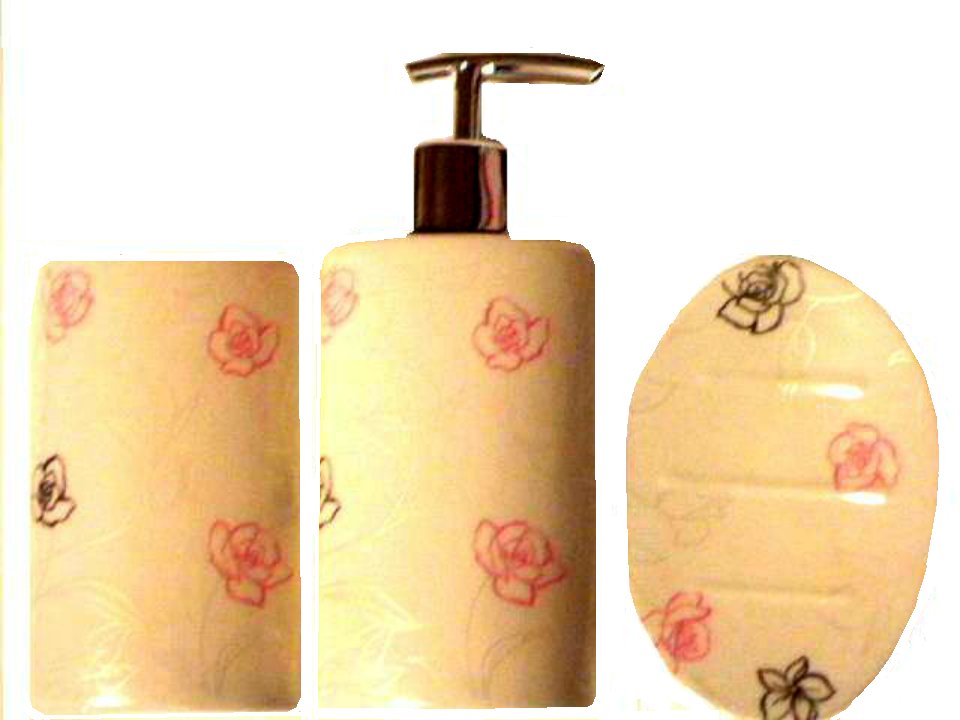 Shabby Roses Bath Accessories Set Soap Dish Tumbler Pump