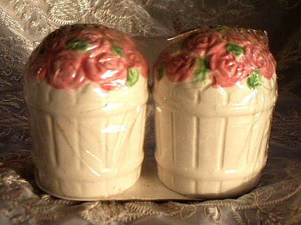 Roses Salt and Pepper Shakers Pink Rose Basket Cottage Decor