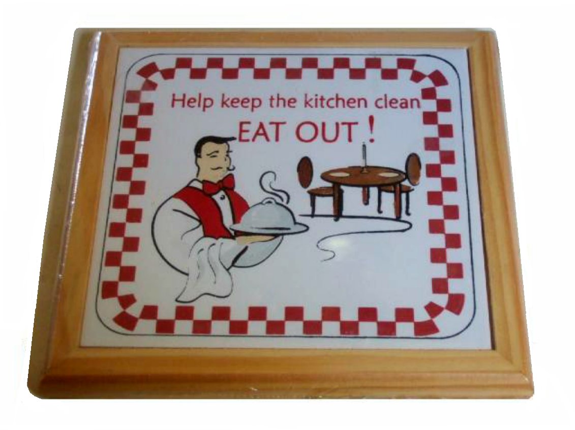 Humorous Wood and Tile Trivet Eat Out