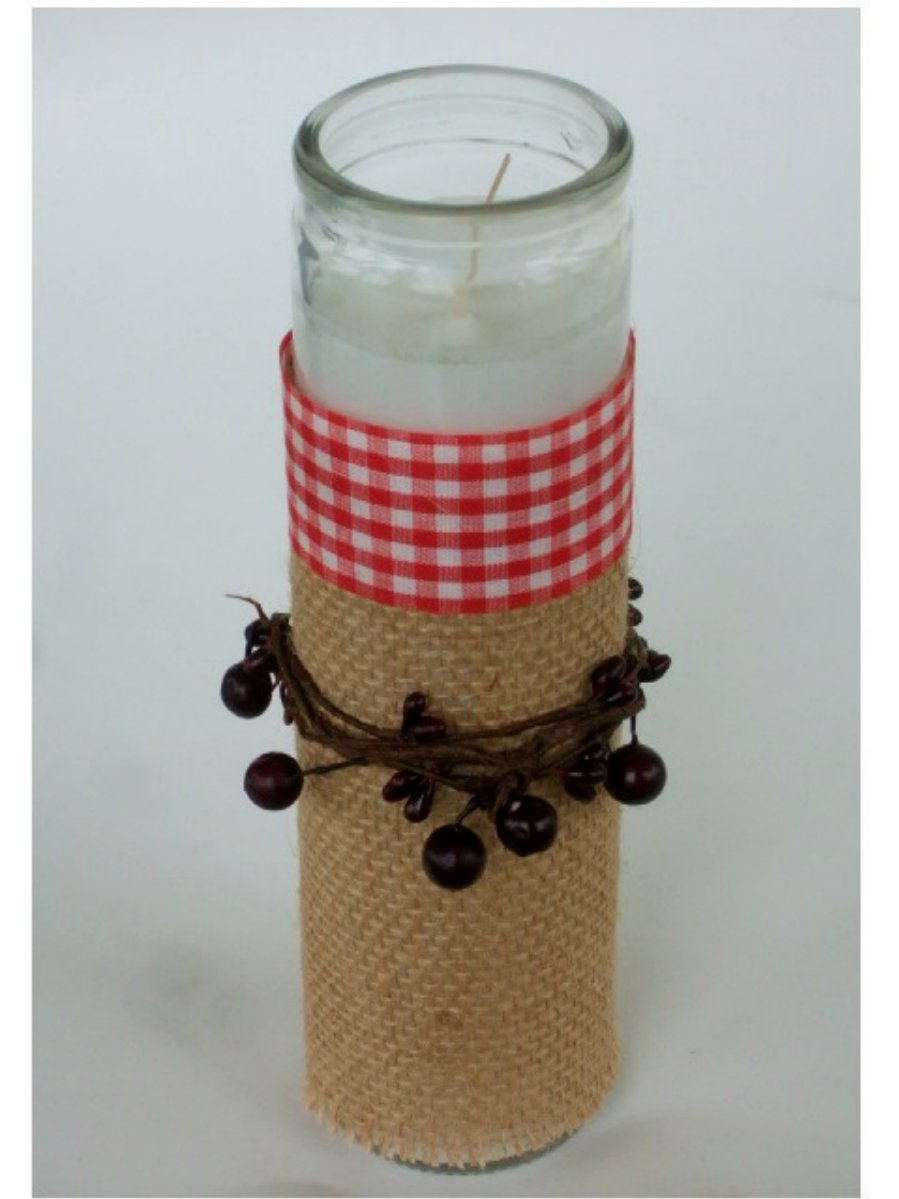 Country Primitive Pip Berries Glass Candle Holder with Candle