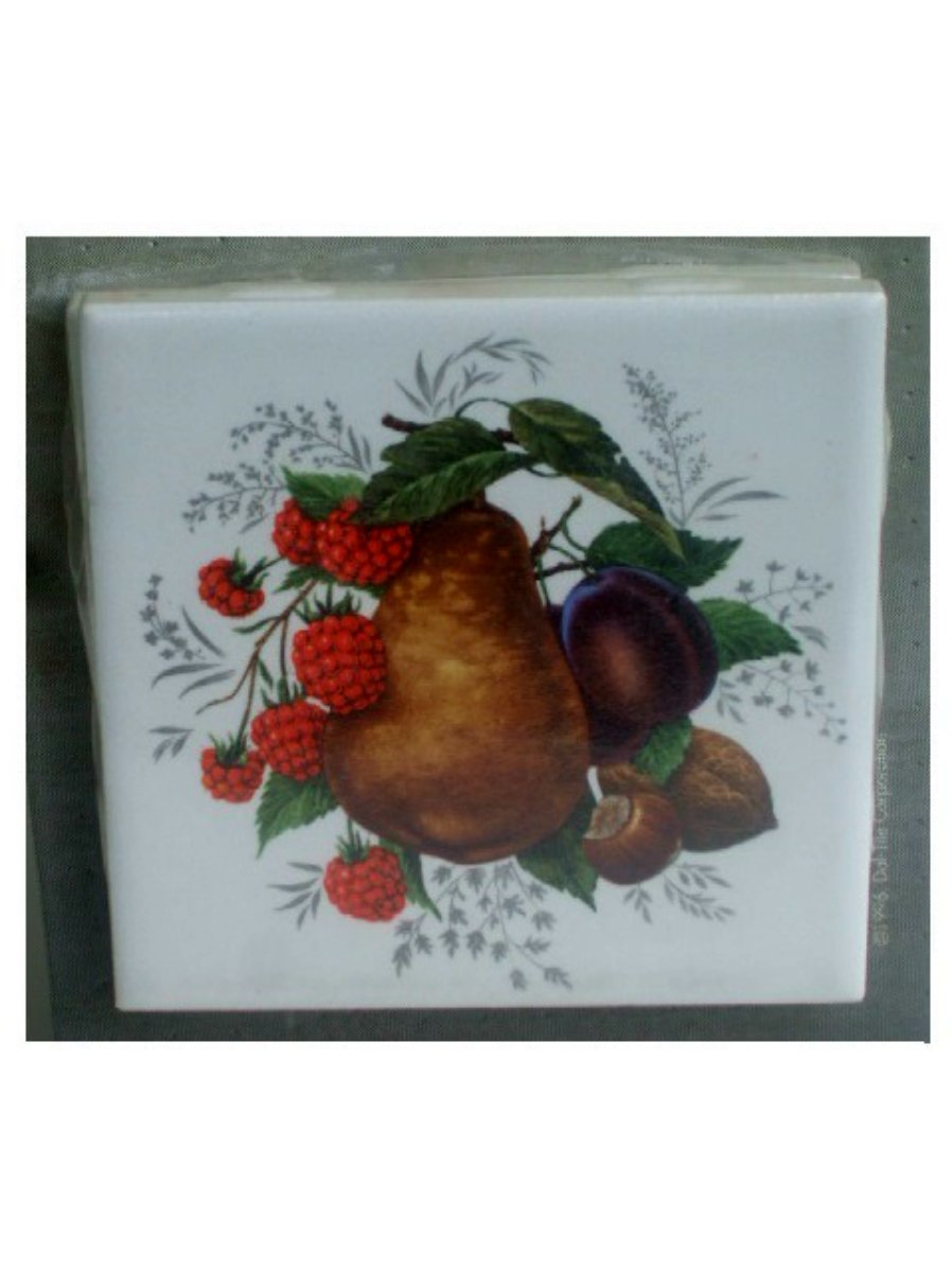 Fruit Tile Coasters Set Raspberries Pear Plum