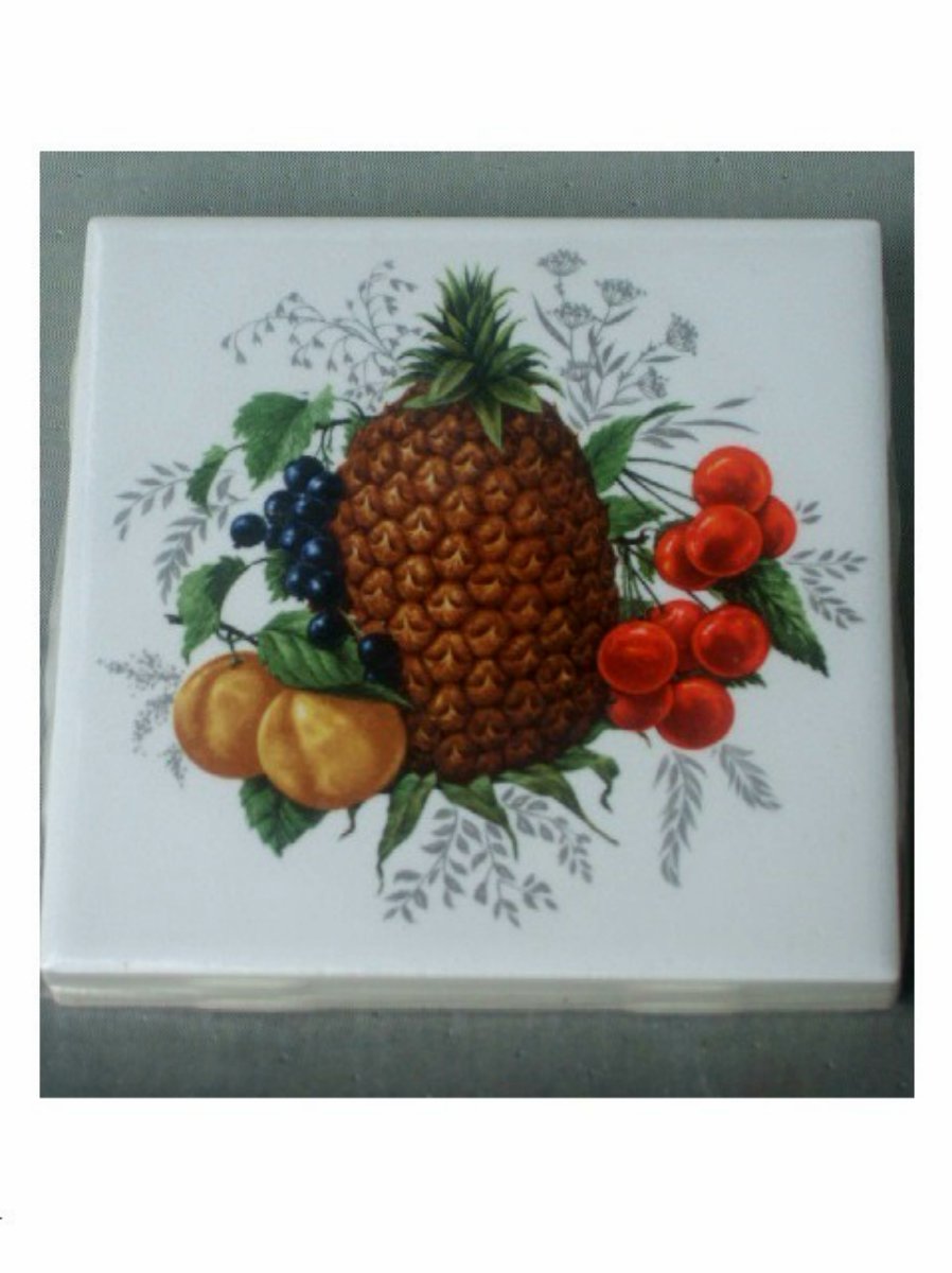 Ceramic Tile Fruit Coasters Set Grapes Pineapple Cherries