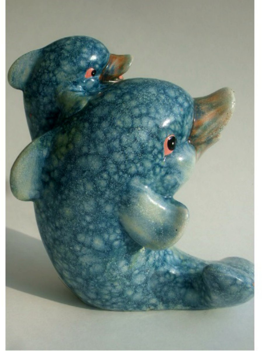 Dolphins Figurine with Baby Dolphin Ceramic