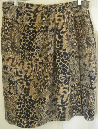 JACQUELINE FERRAR Brown Above-Knee FAUX-WRAP SILK Print Skirt size 16 *NWOT*