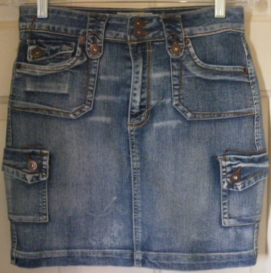 NO FUZE Blue Mid-Thigh STRETCH DENIM CARGO Skirt size 3/4