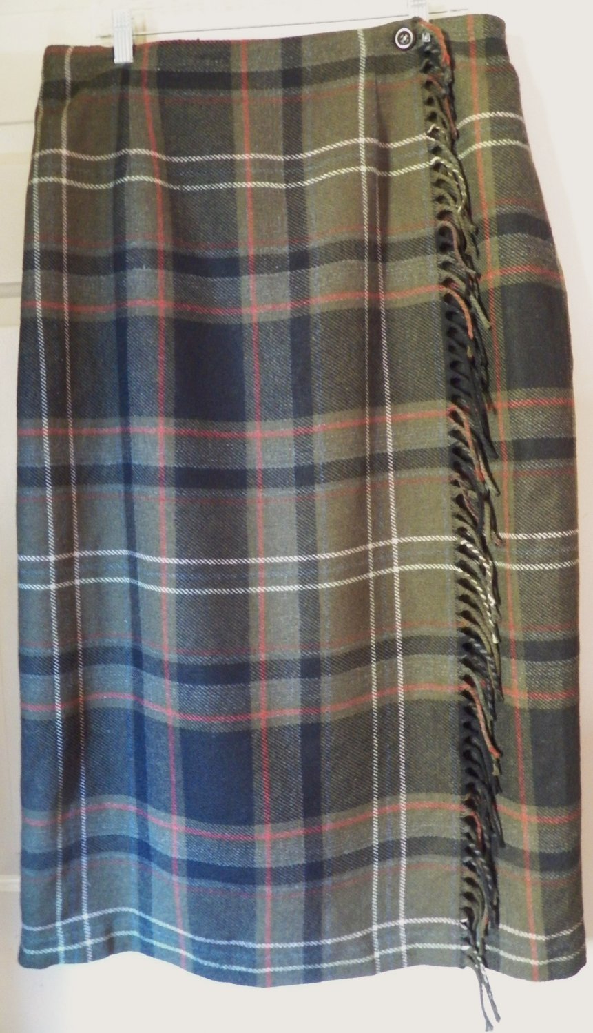 WORTHINGTON Mid-Calf Dark Olive Green Wool Blend FRINGED PLAID WRAP Skirt size 18W