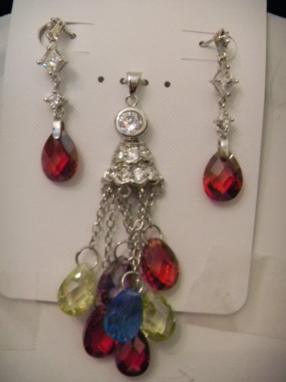 .925 Silver CZ Multi Stone Pendant and Earring set