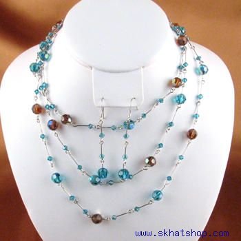 BEADED BLUE TOPAZ SWAROVSKI CRYSTAL NECKLACE EAR RINGS